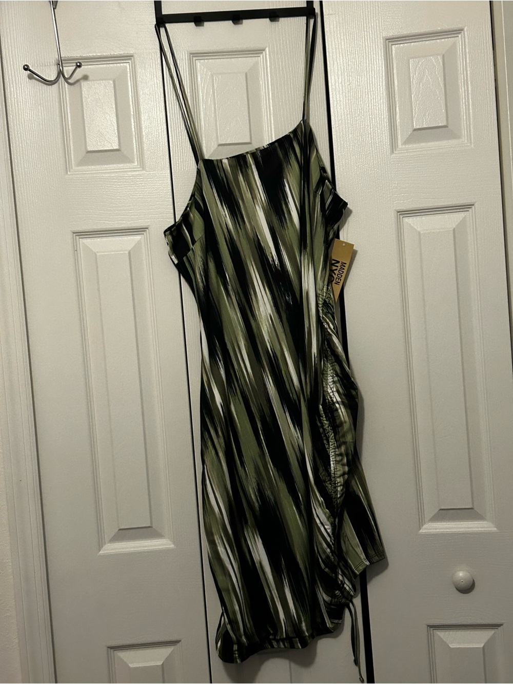 Madden NYC Green Black and Ivory Side Ruched Spaghetti Strap Dress